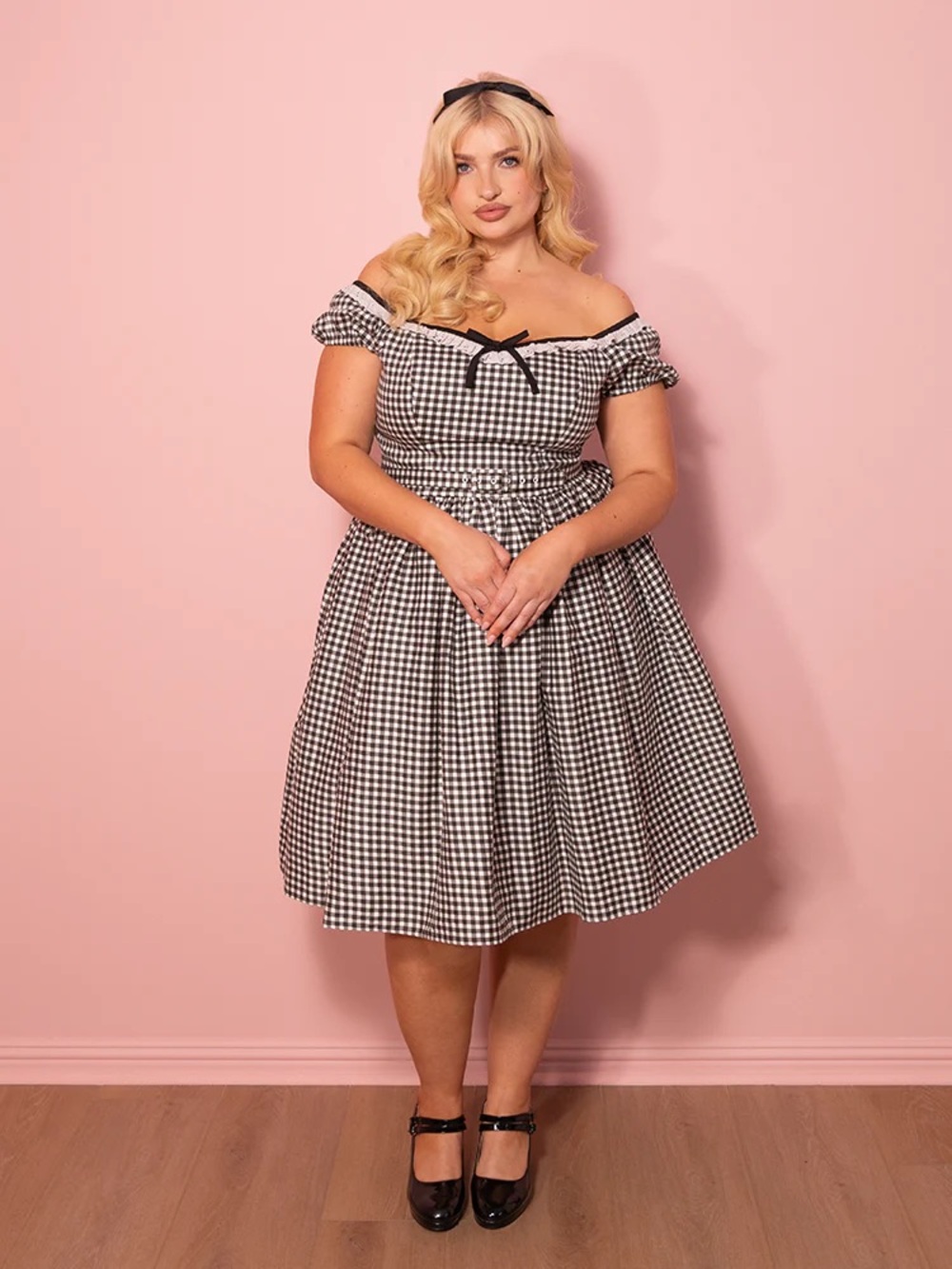Vixen by Micheline Pitt Bardot Beauty Swing Dress Black White Gingham Plus Size